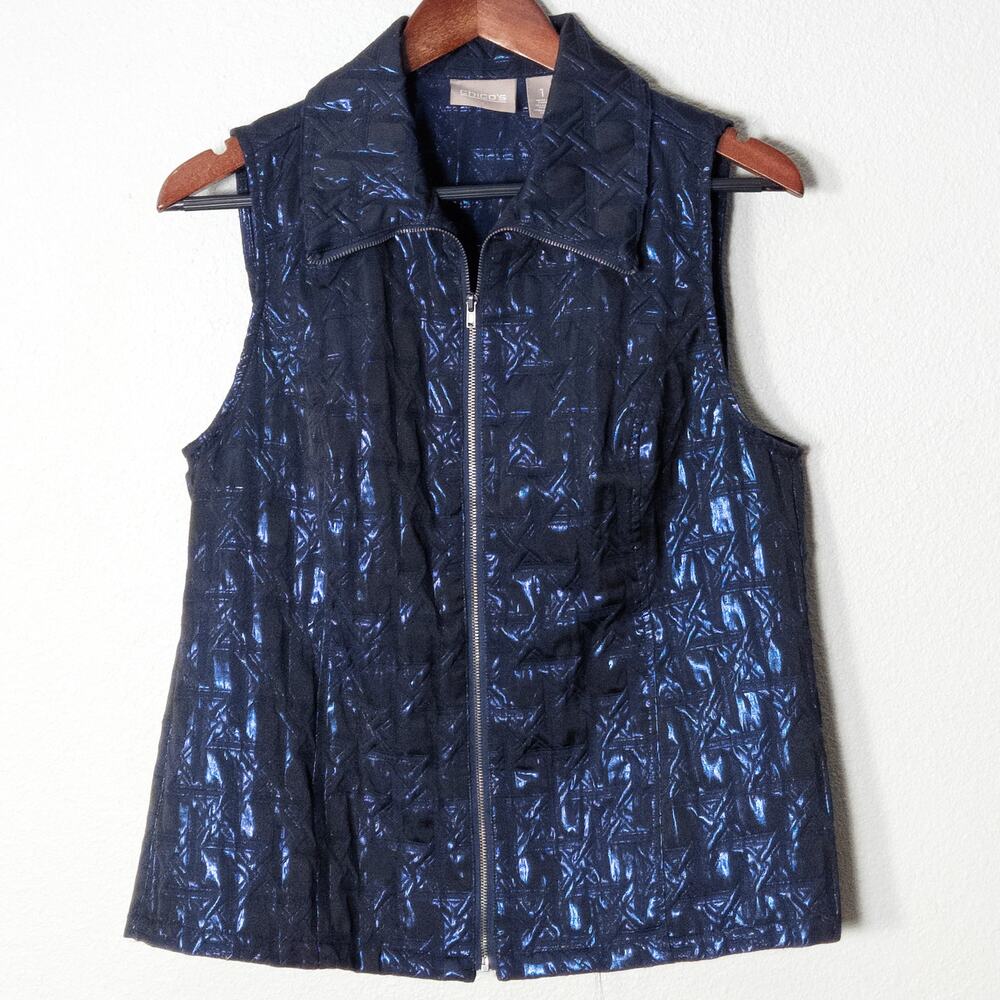 Chico's Zip Front Textured Vest Size M Navy Polished Architectural Modern